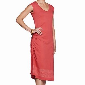 Toad & Co Sz M Midi Dress Coral Graphic Side Cinch Organic Cotton Sustainable